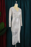 Casual Formal Patchwork Tassel Sequins V Neck Long Sleeve Plus Size Dresses
