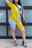 Fashion Casual Printed Short Sleeve Top Yellow Shorts Set