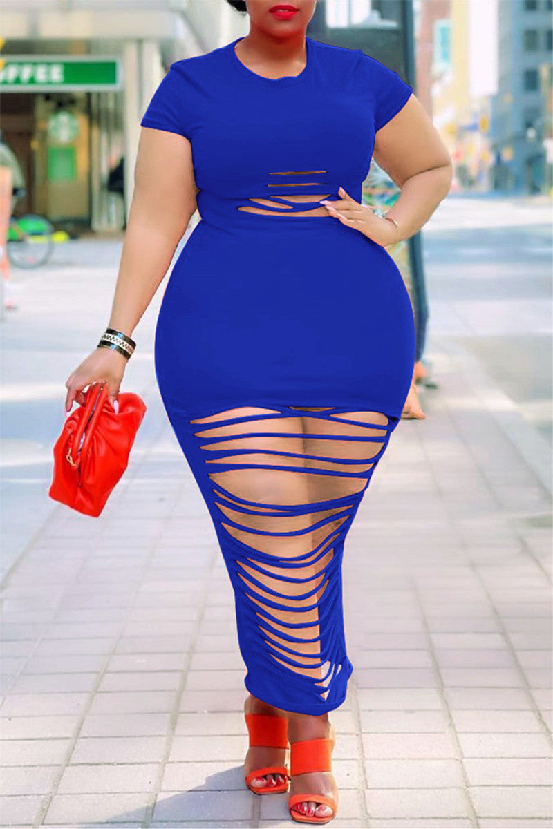 Fashion Sexy Plus Size Solid Ripped O Neck Short Sleeve Dress