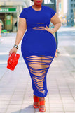 Fashion Sexy Plus Size Solid Ripped O Neck Short Sleeve Dress