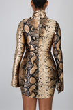 Fashion Printing Long Sleeve Khaki Turtleneck Dress