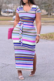 Fashion Casual Plus Size Striped Print Slit O Neck Short Sleeve Dress