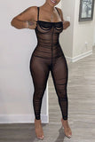 Sexy Solid See-through Backless Fold Spaghetti Strap Skinny Jumpsuits