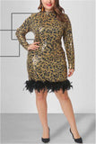 Fashion Sexy Sequined Yellow Leopard Long Sleeve Dress