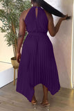 Casual Solid Hollowed Out Asymmetrical O Neck Pleated Dresses