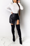PU Zipper Fly Sleeveless Mid Zippered Patchwork Split Solid Hip skirt shorts Skirts