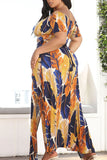 Elegant Print Hollowed Out Split Joint High Opening Off the Shoulder Printed Dress Plus Size Dresses