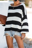 Casual Loose Stitching Knit Black And White Tops