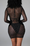 Sexy Patchwork Hot Drilling Hollowed Out See-through Long Sleeve Dress Three-piece Set