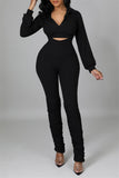 Fashion Casual Solid Fold Turndown Collar Long Sleeve Two Pieces