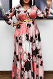 Casual Print Patchwork With Belt V Neck Printed Dress Plus Size Dresses