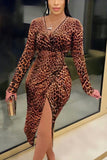 British Style Leopard Slit V Neck Dresses