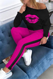 Casual Patchwork Print Lips Print Straight Long Sleeve Two Pieces