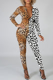 Fashion Casual Print Leopard Split Joint Zipper Collar Skinny Jumpsuits