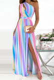 Fashion Casual Patchwork Print Hollowed Out Slit Oblique Collar Sleeveless Dress