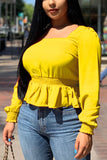 Fashion Casual Frills Yellow Solid Tops
