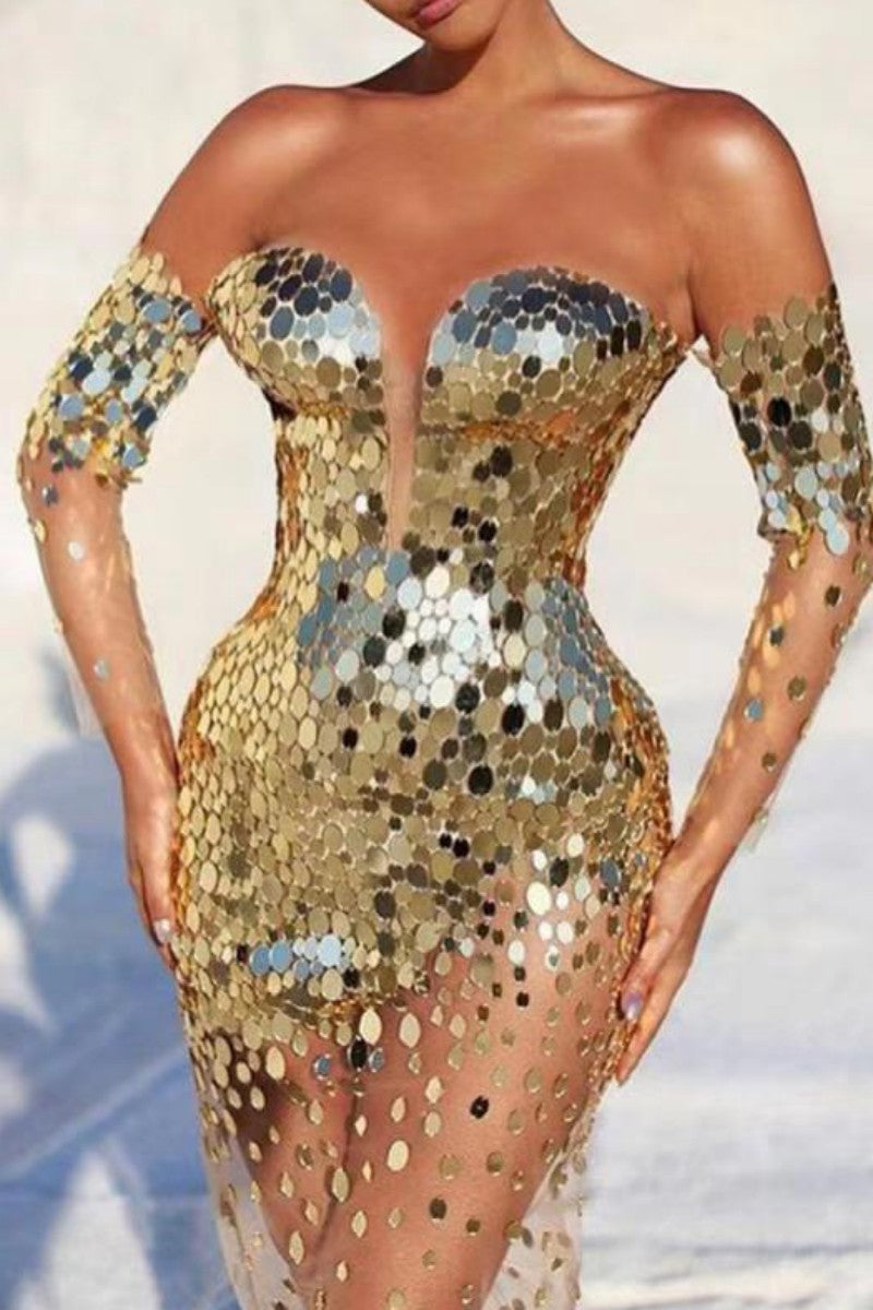 Sexy Patchwork Sequins See-through Off the Shoulder Strapless Dress Dresses