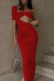 Sexy Solid Hollowed Out Split Joint Asymmetrical One Shoulder Pencil Skirt Dresses