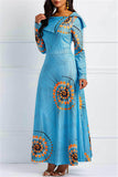 Fashion Casual Print Light Blue Long Sleeve Dress