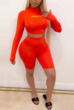 Sexy Fashion Print Long Sleeve Top Orange Shorts Set