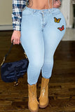Casual Solid Embroidered Split Joint High Waist Denim Jeans