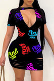 Fashion Casual Letter Print Ripped Hollowed Out O Neck Short Sleeve Dress Dresses