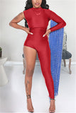 Fashion Sexy Asymmetrical Half Tassel Red Long Sleeve Jumpsuit