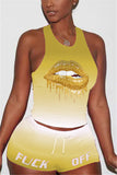 Fashion Lips Print Sleeveless Top Yellow Shorts Set