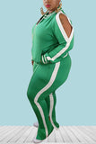 Casual Sportswear Polyester Knitting Striped Print Solid Pierced Hollowed Out Slit Zipper Collar Plus Size