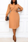 Fashion Casual Regular Sleeve Three Quarter Mandarin Collar Pleated Knee Length Solid Dresses
