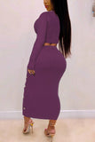 Fashion Sexy Long Sleeve Top Purple Skirt Set