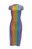 Sexy Fashion Cap Sleeve Short Sleeves O neck Hip skirt Knee-Length Rainbow hollow out spli
