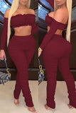 Fashion Sexy Solid Backless Fold Off the Shoulder Long Sleeve Two Pieces