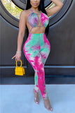 Fashion Light Tie-dyed Backless Sleeveless Hanging neck Jumpsuits