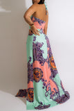 Fashion Sexy Print Hollowed Out Backless Slit Strapless Long Dress