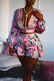 Sexy Print Long Sleeve Top Shorts Pink Set