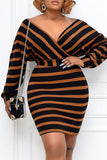 Fashion Casual Striped Print Basic V Neck Long Sleeve Plus Size Dresses