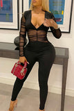 Fashion Sexy Patchwork Solid See-through V Neck Skinny Jumpsuits