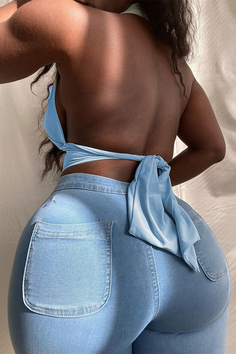 Sexy Solid Backless Strap Design Halter Tops