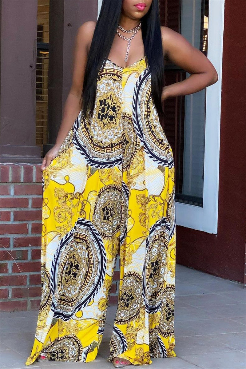 Sexy Casual Print Backless Spaghetti Strap Loose Jumpsuits