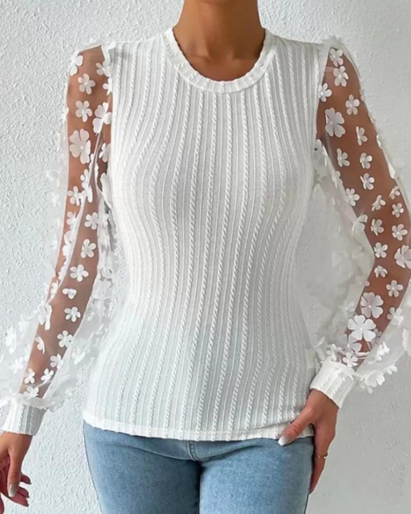 Floral Pattern Sheer Mesh Cable Textured Top