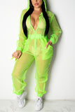 Sexy Mesh Long Sleeve Hooded Green Jumpsuit
