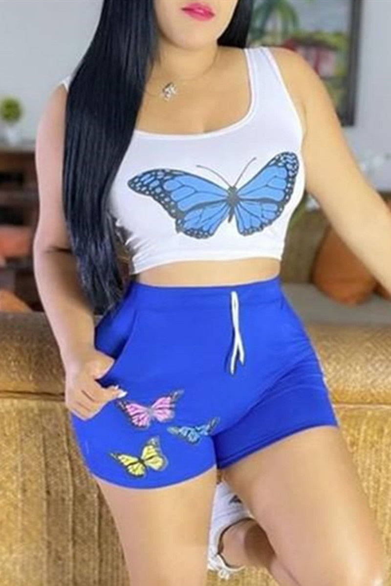 Fashion Casual Butterfly Print Basic U Neck Sleeveless Two Pieces