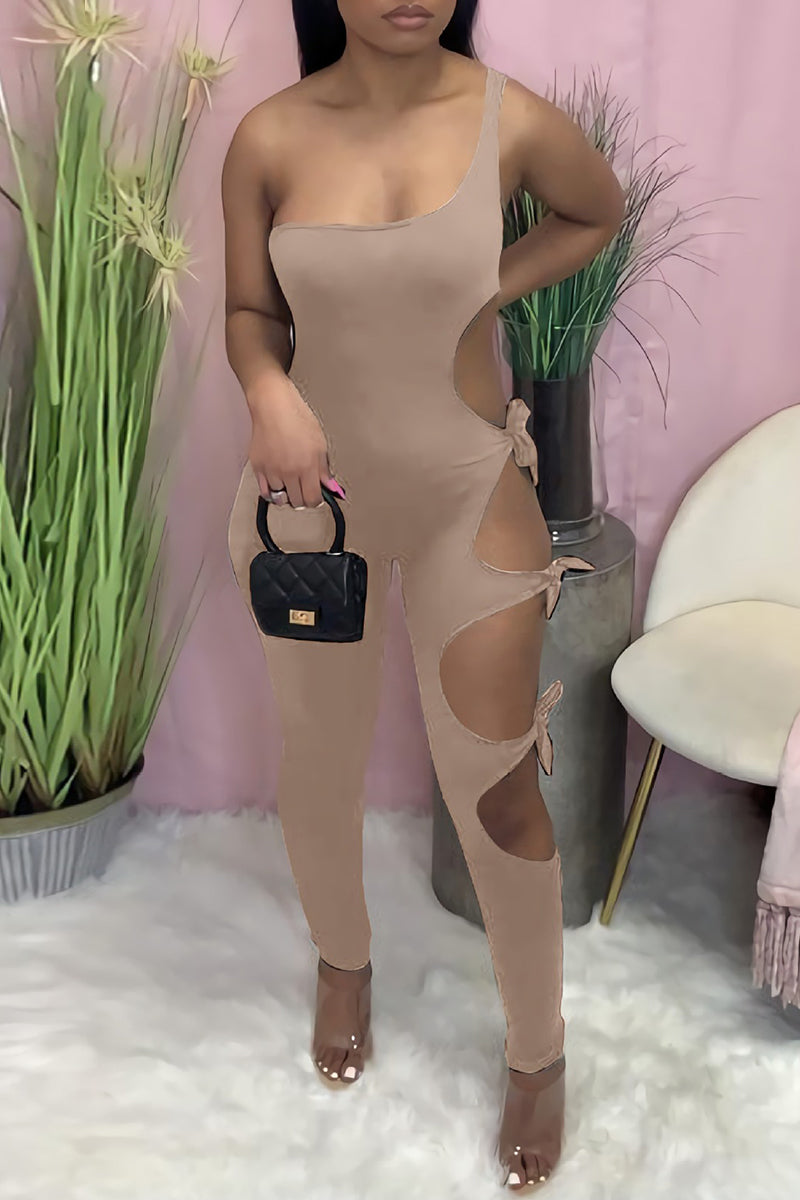 Sexy Solid Hollowed Out Backless One Shoulder Skinny Jumpsuits