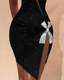 Rhinestone Bowknot Decor Glitter Mesh Patch Party Dress