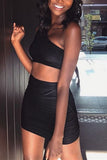 Sexy Single Shoulder Oblique Collar Black Skirt Set