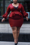 Sexy Puff Sleeve Ruffled V Neck Large Size Wine Red Dress