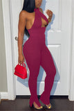Sexy Solid Draped Split Blend Sleeveless Hanging neck Jumpsuits
