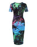Ink Splash Print Drawstring Ruched High Slit Dress