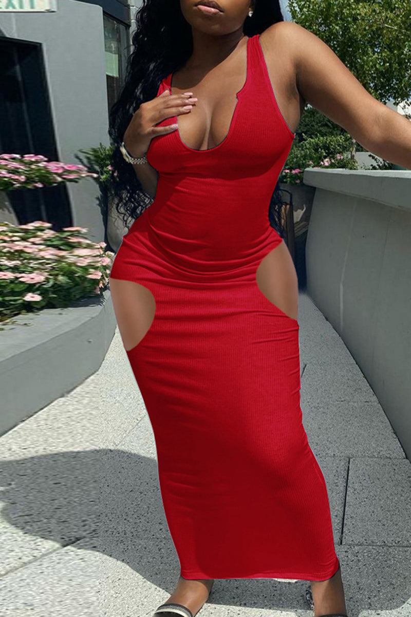Sexy Casual Solid Hollowed Out U Neck Vest Dress